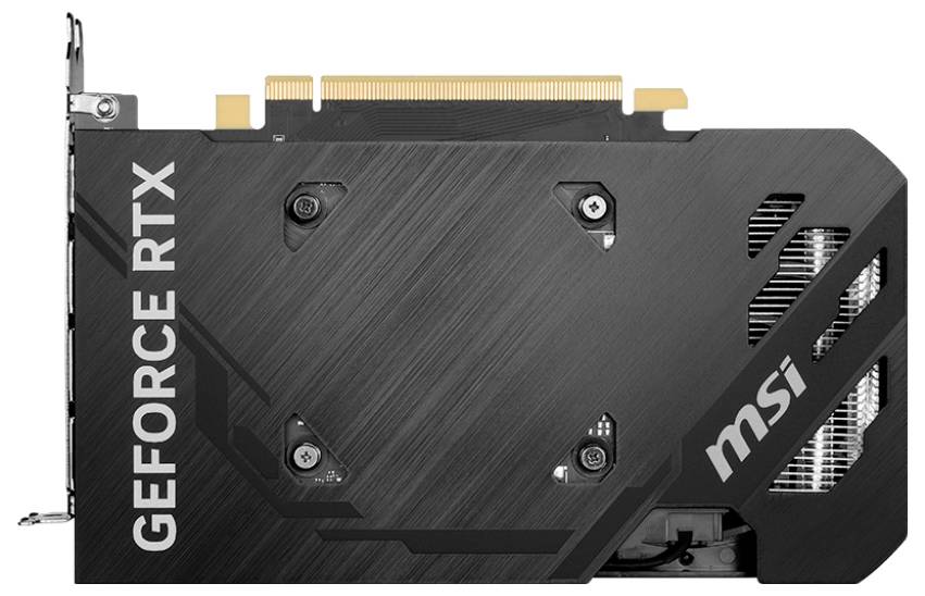 'MSI' videokaart met opschrift 'Geforce RTX' en zwarte koelbehuizing. Adapter en ventilator zichtbaar. Geschikt voor pc-gaming.