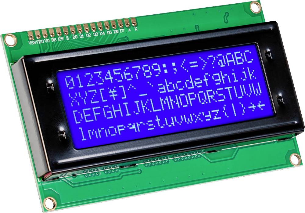 Een LCD-scherm met blauwe achtergrondverlichting toont alfanumerieke tekens. Apparaattype: Elektronisch display.