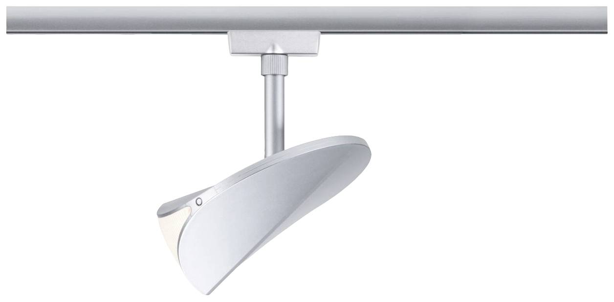 Een moderne, zilveren plafondspot met gebogen vorm, gemonteerd op een rail, mogelijk gebruikt voor accentverlichting.