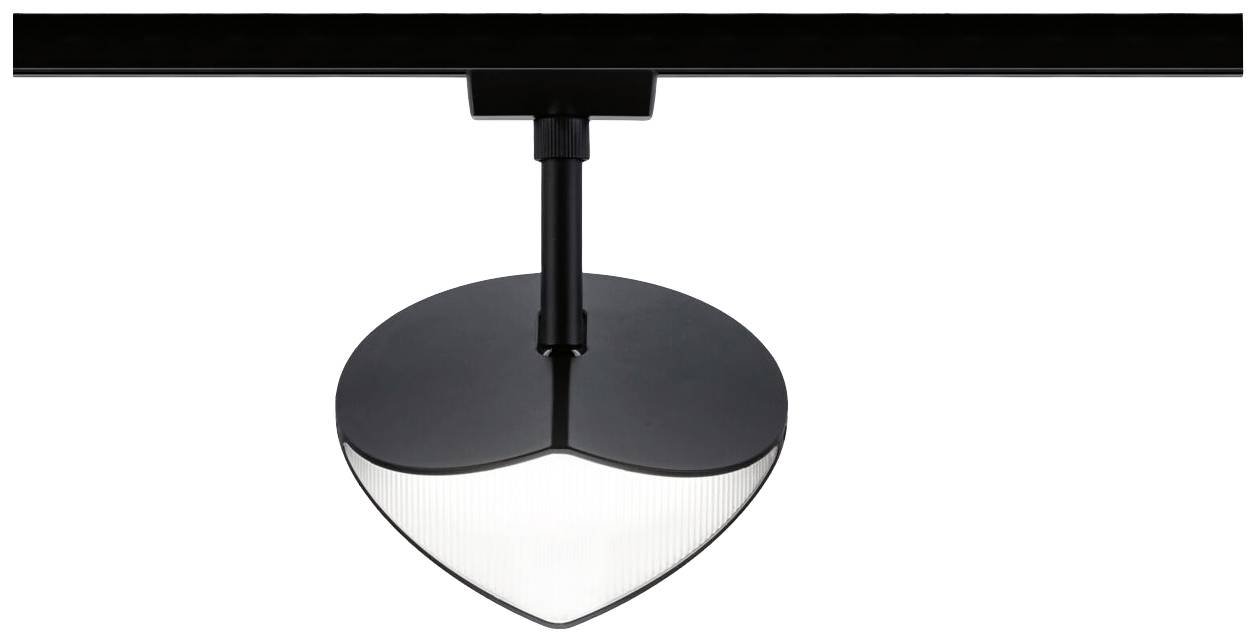 Een zwarte plafondlamp in modern design, gemonteerd aan een rail, schijnt naar beneden.