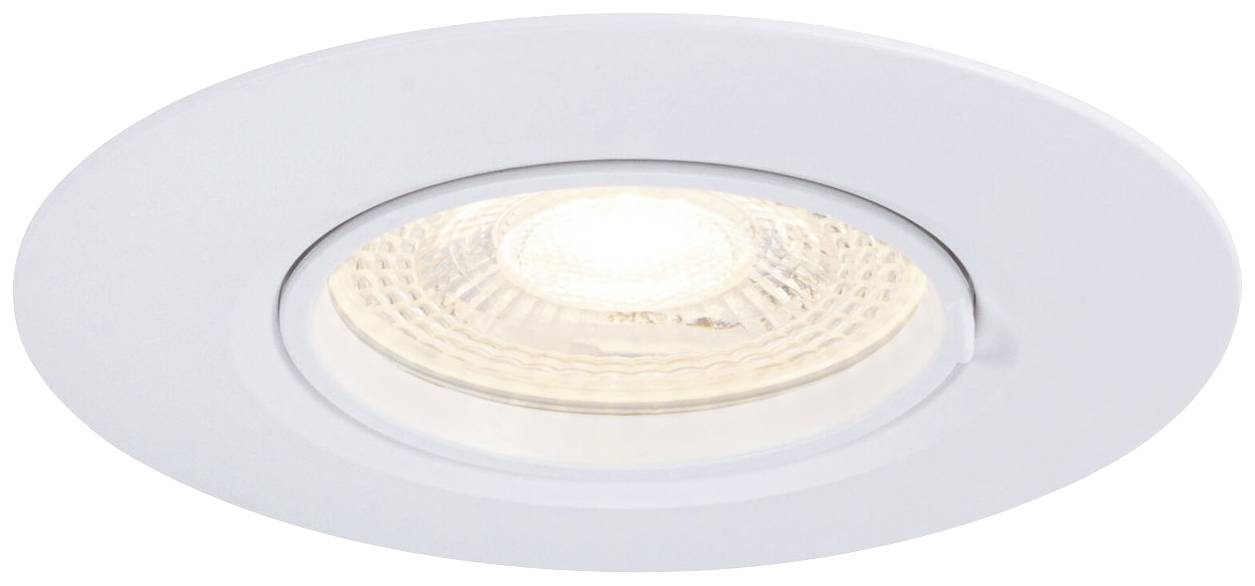 Een witte inbouwspot met LED-lamp, rond ontwerp, schijnt helder in het midden.