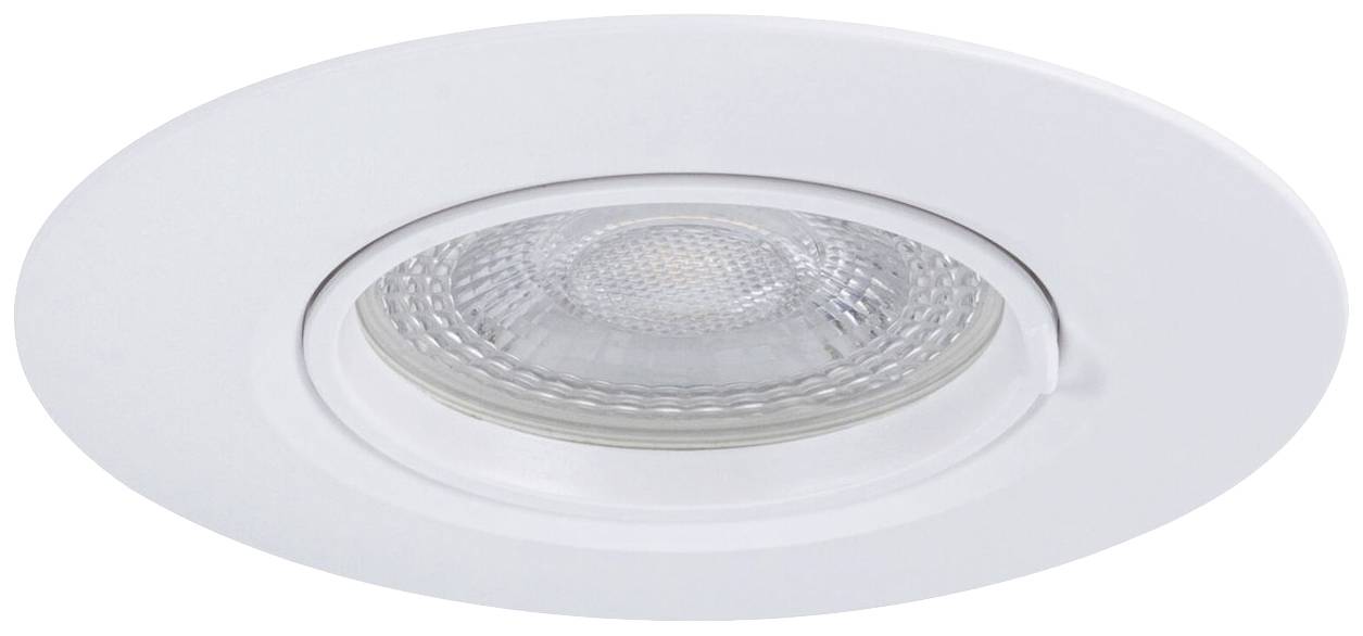 Een ronde, witte inbouw plafondlamp met een geribbelde glazen diffuser in het midden.