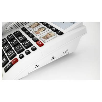 Een telefoon met grote toetsen, waaronder 'SOS', en foto-snelkeuzeknoppen die verwijzen naar noodcontacten, evenals volumeregelaars.