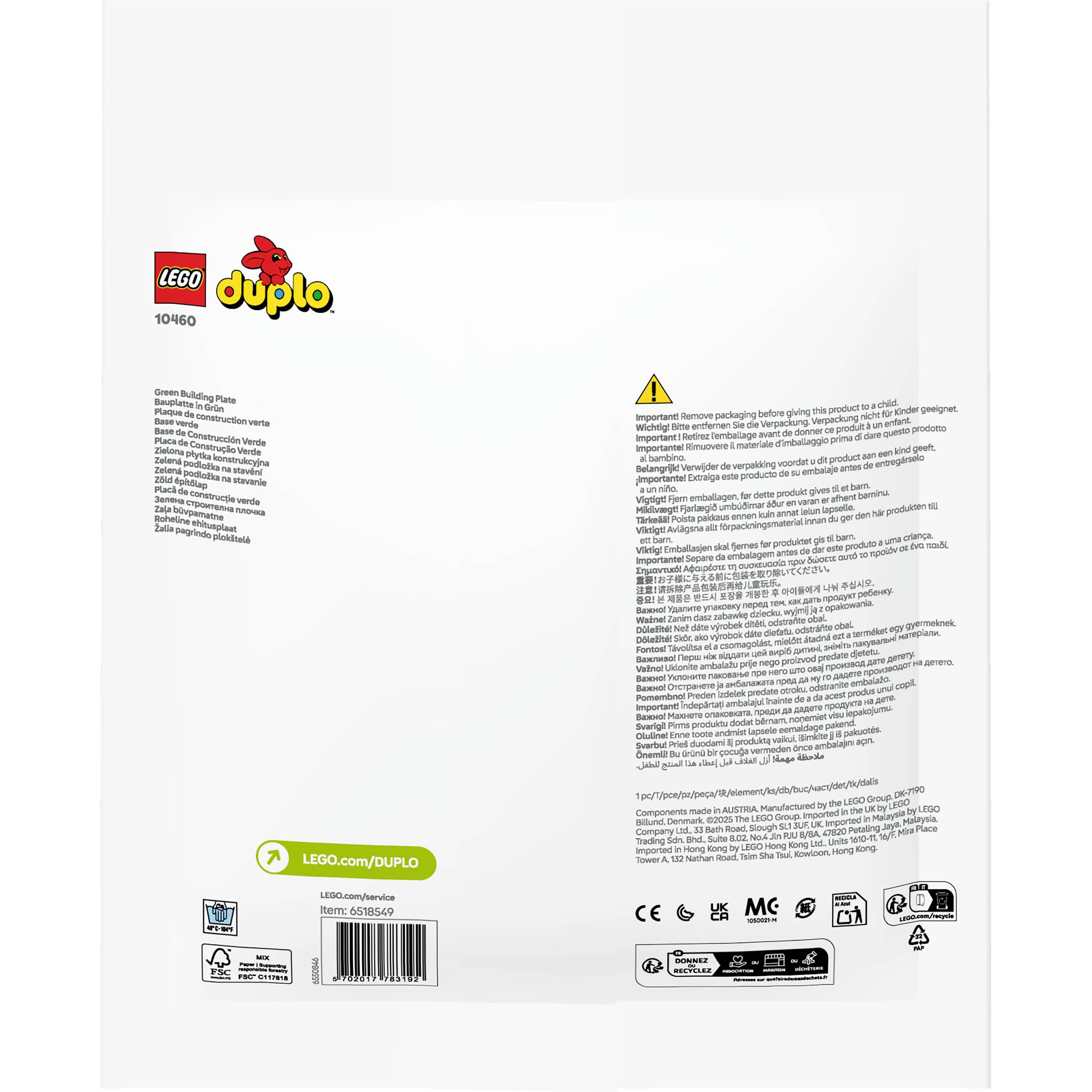 Achterkant van een LEGO Duplo speelgoedverpakking met tekst en waarschuwingen in verschillende talen. Bevat LEGO-logo en serienummer.