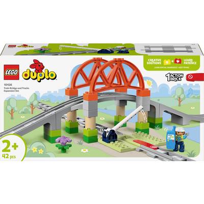 LEGO Duplo set met spoorbrug en rails, 42 onderdelen, geschikt voor kinderen vanaf 2 jaar. Bevat één speelfiguur met gereedschap.