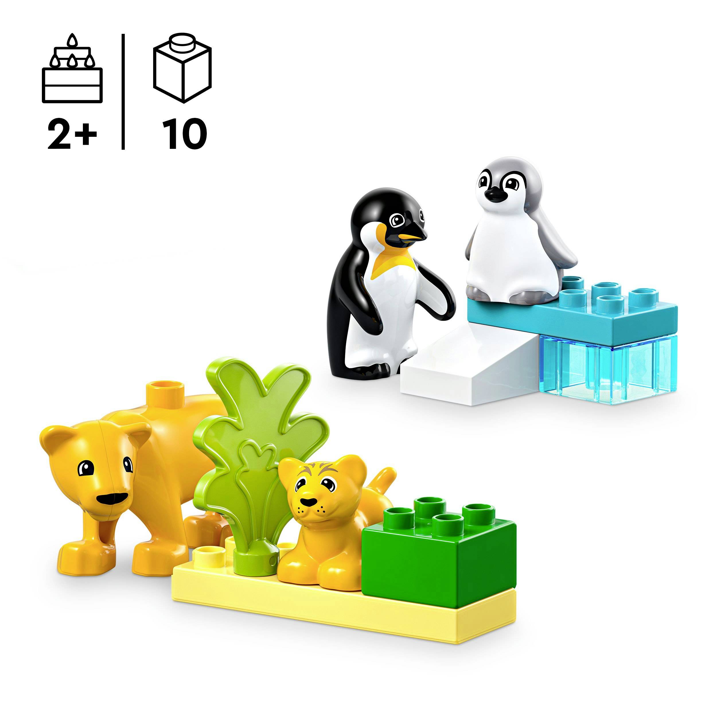 Een LEGO-set voor kinderen vanaf 2 jaar met tien onderdelen: een leeuw, een pinguïnkuiken, een volwassen pinguïn en natuurlijke bouwstenen.
