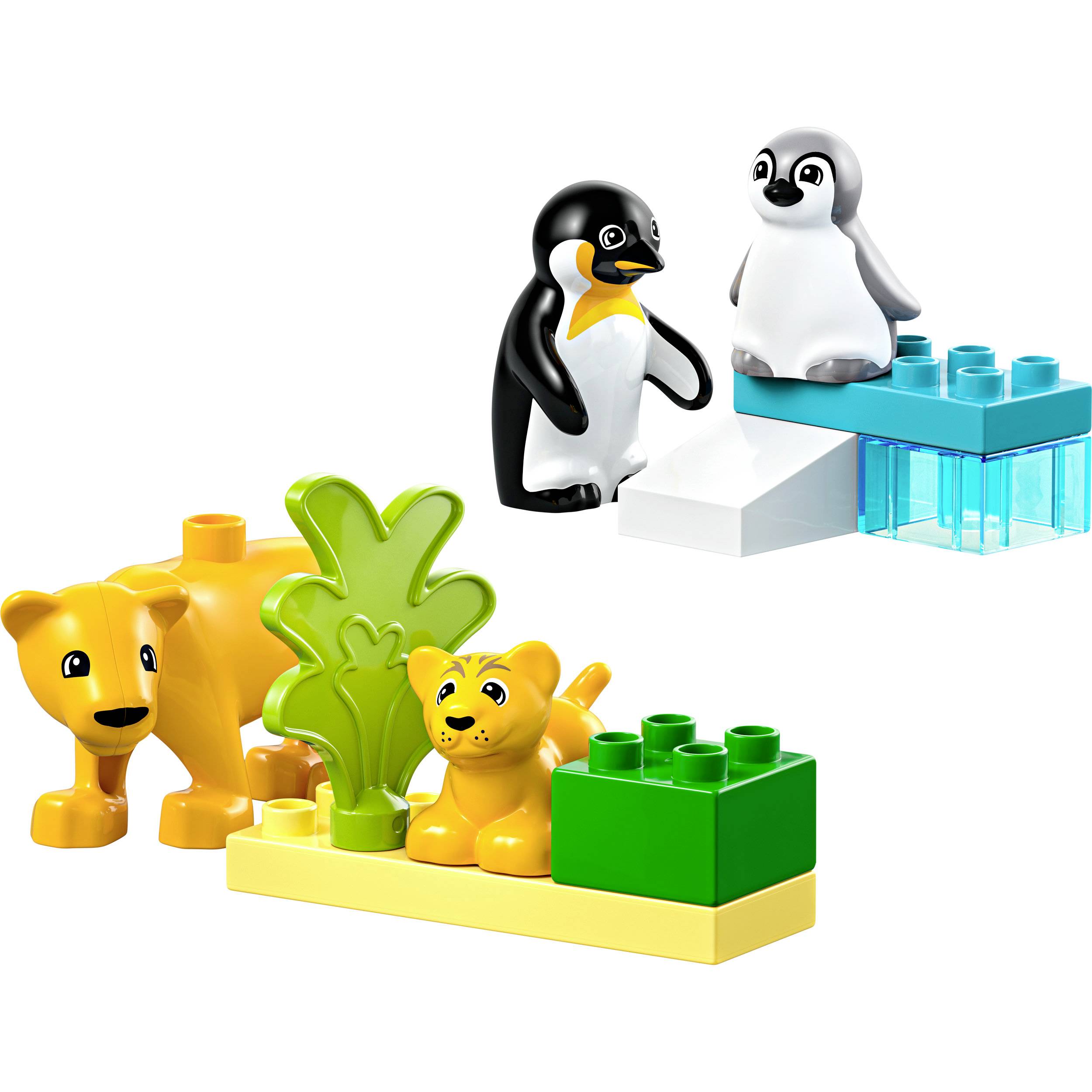 Twee blokkenscènes: Links een leeuw en een leeuwenwelp met een plant; rechts twee pinguïns op ijsblokken.