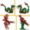 Vier LEGO-creaturen: twee draken bovenaan en twee vogels onderaan. Allemaal ontworpen in levendige rood- en groentinten.