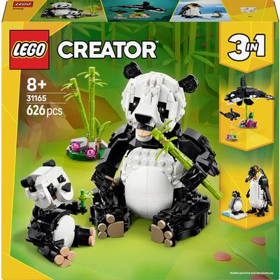 'LEGO Creator 3-in-1 Panda' bouwpakket. Bevat twee panda's van LEGO-stenen met bamboe in een jungle-omgeving. Aanbevolen voor 8+.