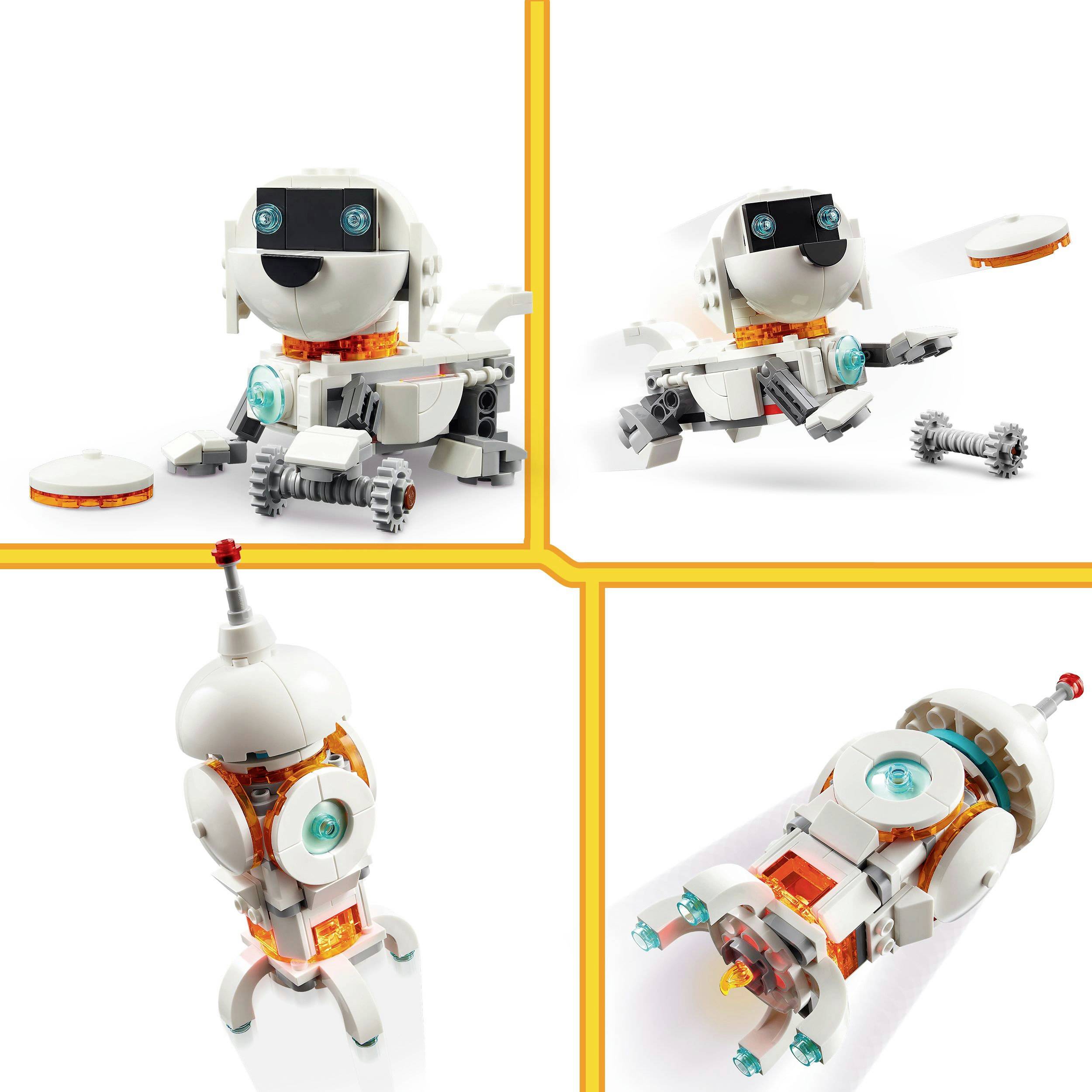 Een speelgoedroboter-set wordt getoond in verschillende samengestelde vormen. Elke variant heeft unieke functies en ontwerpen.