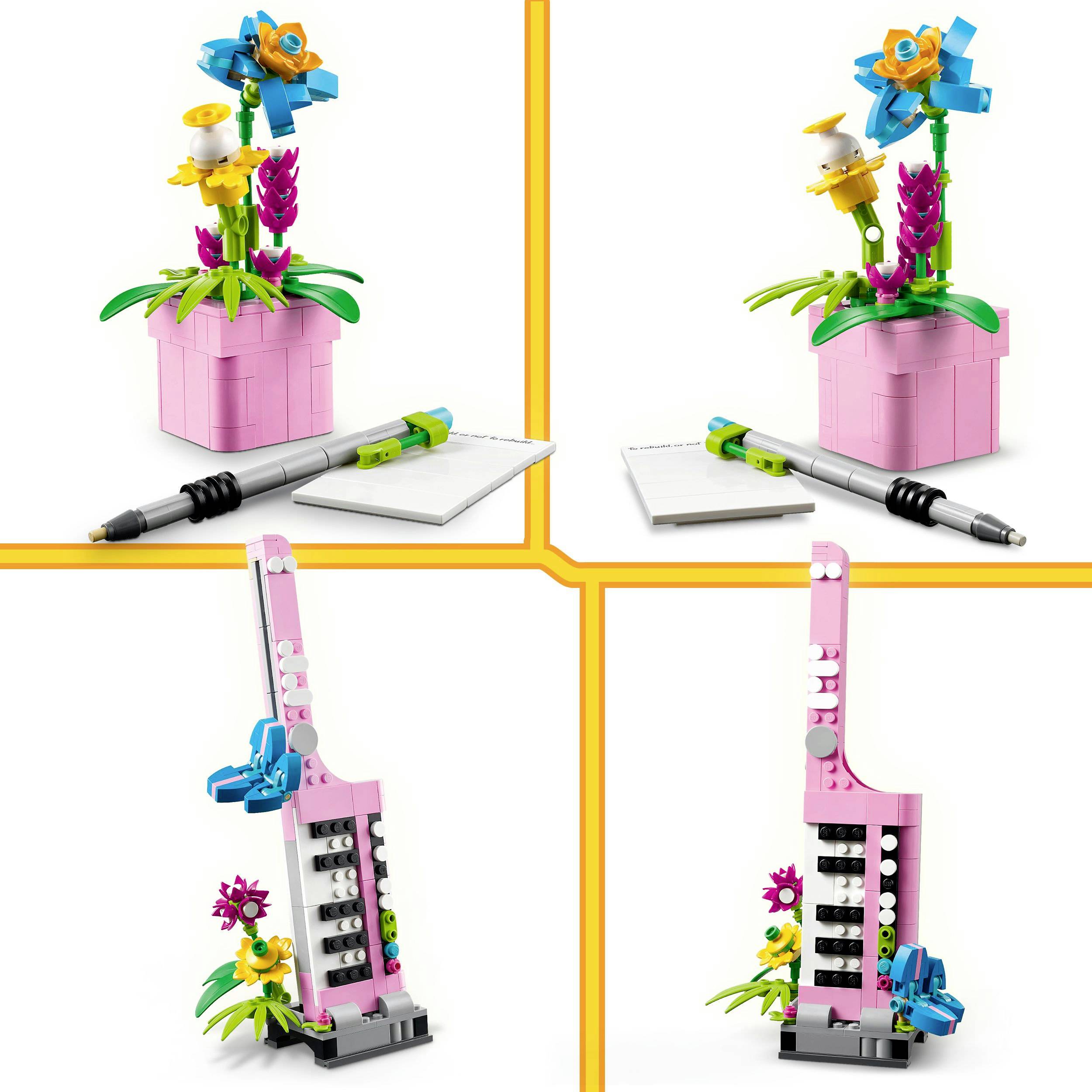 Bloemschikking van kleurrijke blokjes in een roze pot met geïntegreerde pennenbak, naast een pen en een notitieblok.