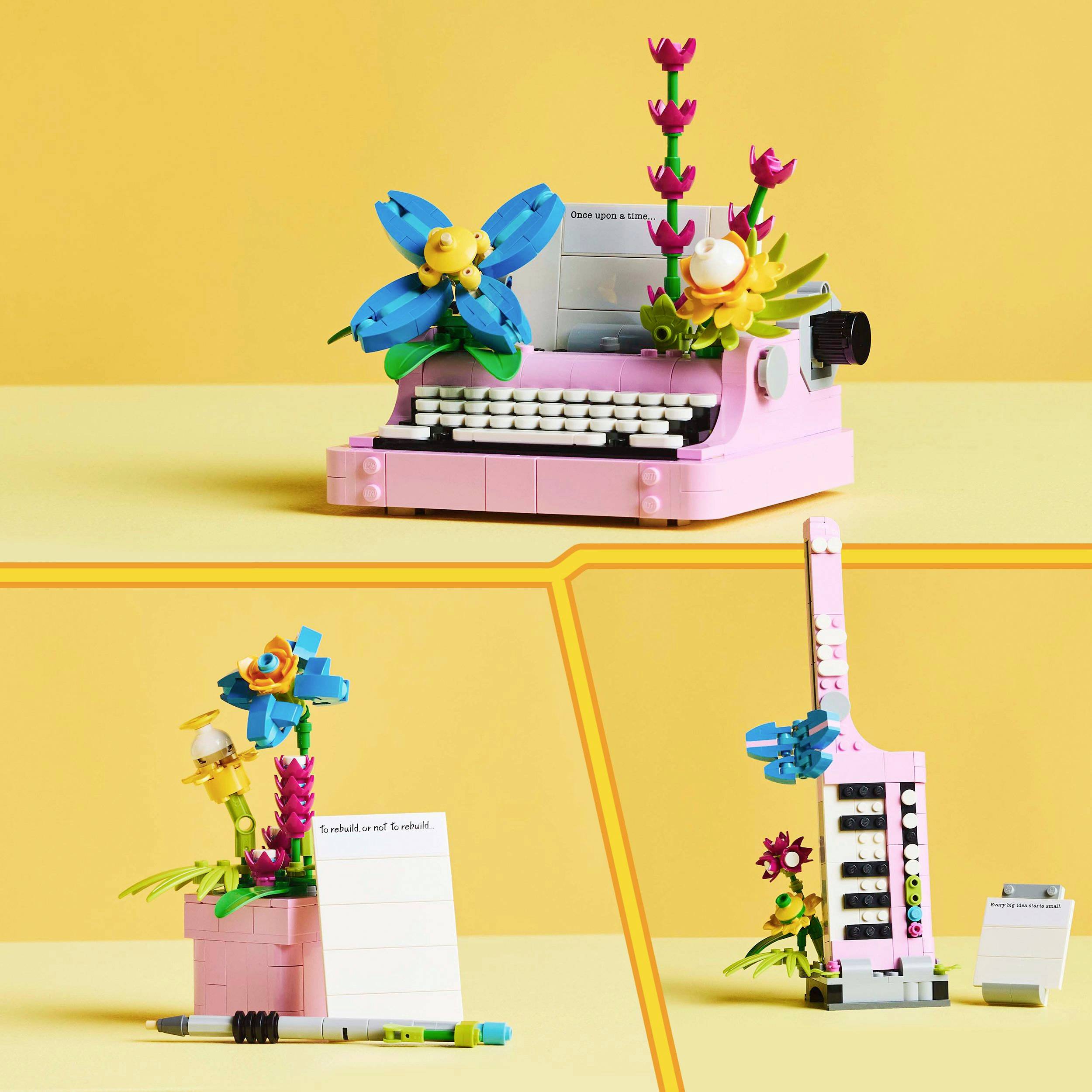 Lego-modellen van een typemachine, vaas en notitieboekje voor een gele achtergrond. Creatieve, kleurrijke ontwerpen met bloemenmotieven.