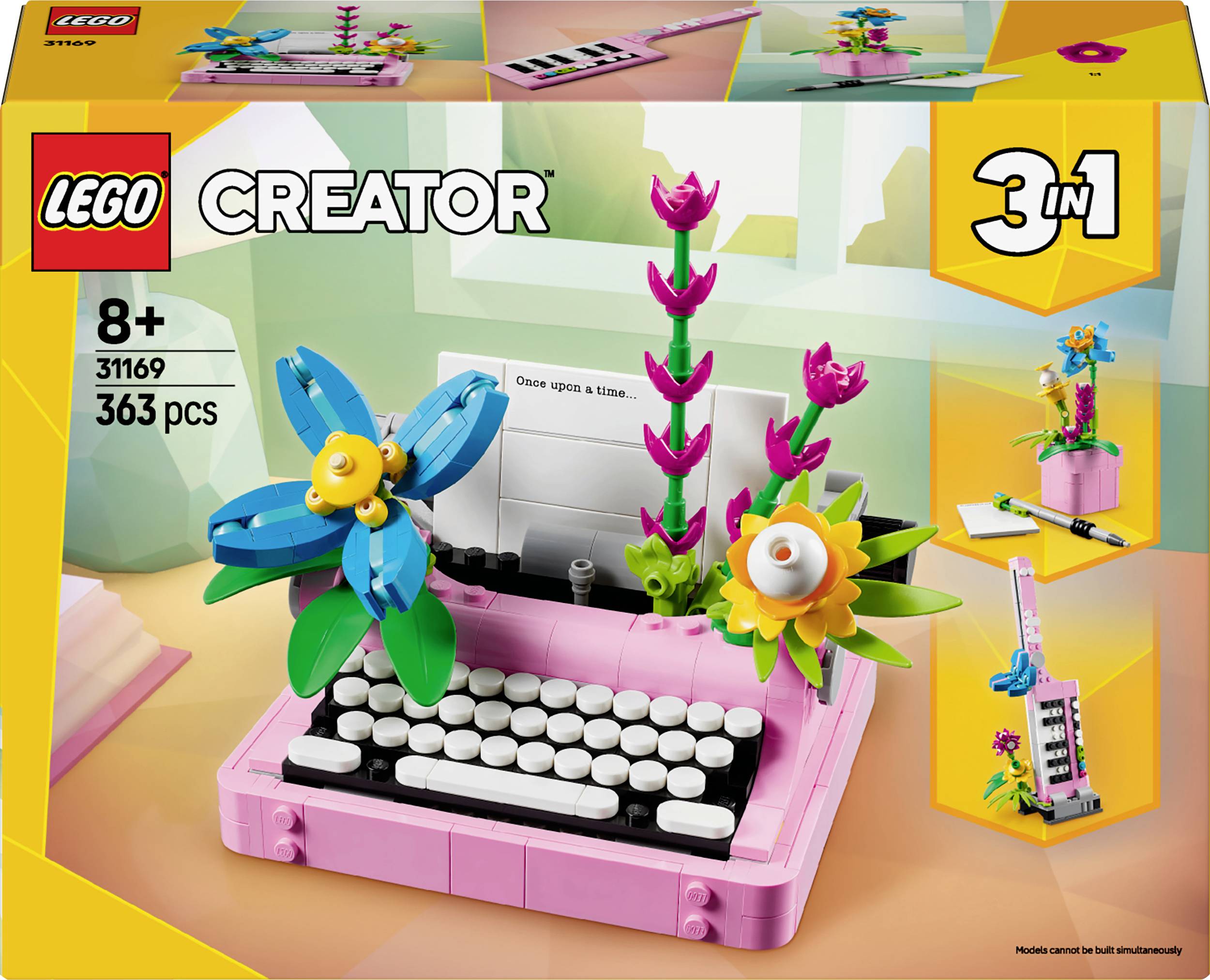 LEGO Creator 3-in-1 Set met een roze typemachine, versierd met bloemen, aanbevolen vanaf 8 jaar, 363 onderdelen.