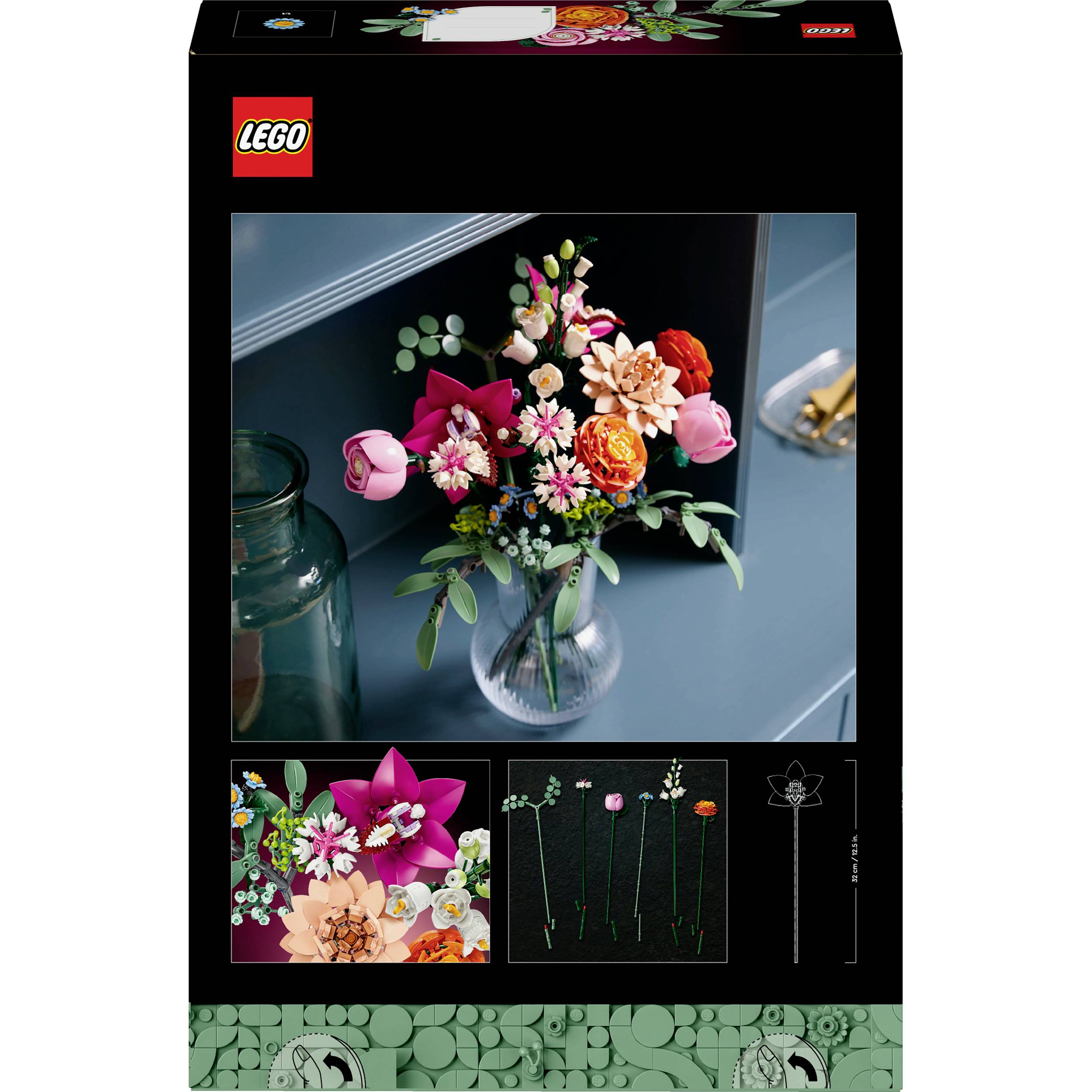 'Lego-set verpakking met een boeket bloemen gemaakt van Lego-stenen, afgebeeld met handleiding en onderdelen voor het samenstellen van een boeket.'