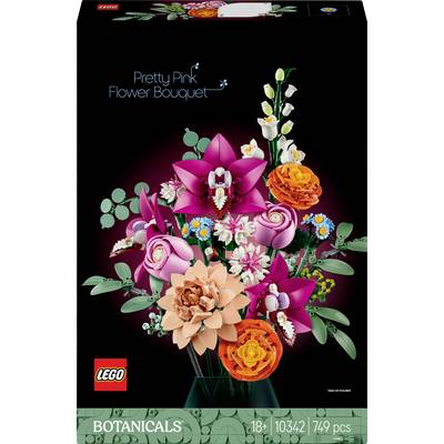 Een LEGO-bouwset toont een 'Pretty Pink Flower Bouquet' met roze en oranje bloemen, bestaande uit 749 onderdelen.