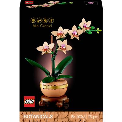 'LEGO Botanicals' Mini-Orchidee Set, 274 onderdelen, voor 18+, toont bloem in pot met roze bloemen op zwarte achtergrond.