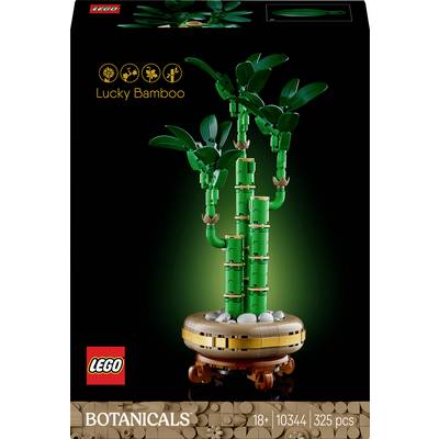 Een LEGO-set 'Geluksbamboe' bestaande uit 325 onderdelen, geschikt vanaf 18 jaar, met groene bambosstengels in een decoratieve pot.
