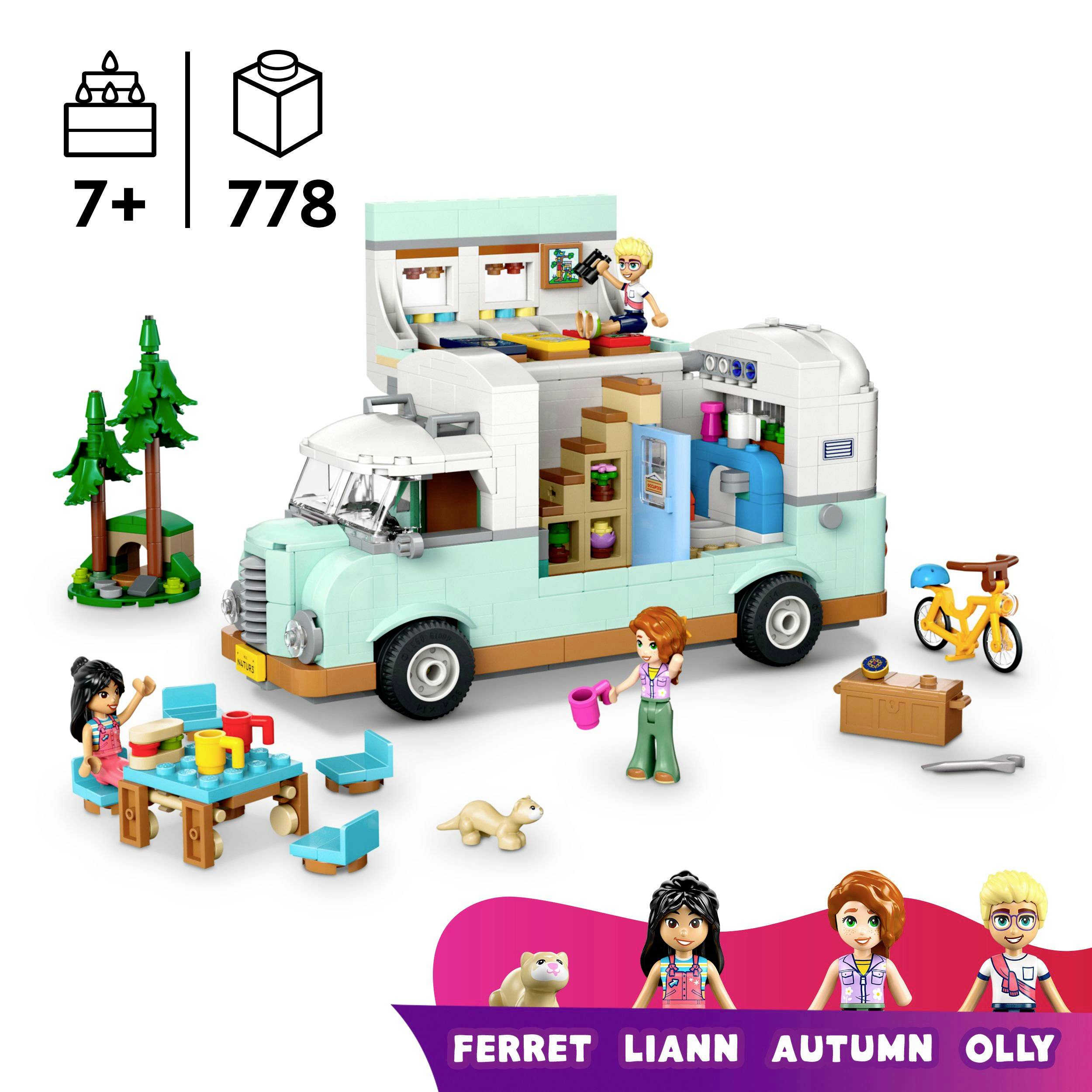 Lego-bouwset voor kinderen vanaf 7 jaar; toont een kampeerbus, figuren en accessoires; 778 onderdelen; bevat tafel, figuren, fiets.