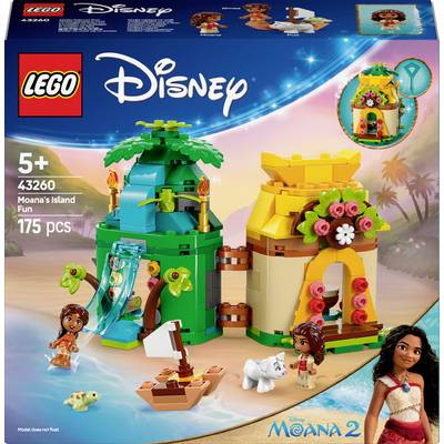 Lego Disney-set 'Moana's Eilandpret' met figuren, gebouwen en accessoires. Verpakking toont eilandontwerp met Moana en Pua. Geschikt voor kinderen vanaf 5 jaar.