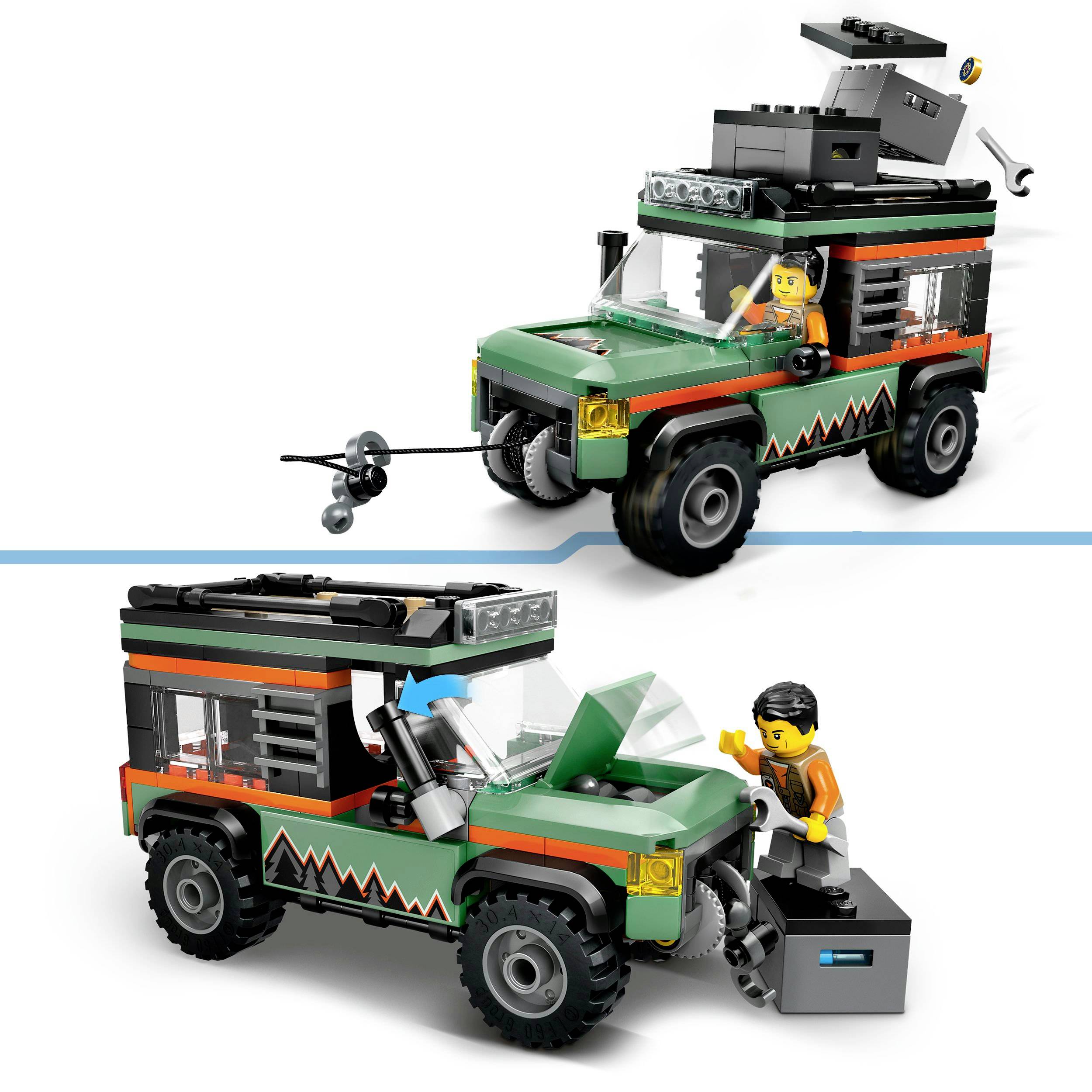Speelgoed-vrachtwagen in groene camouflage met minifiguren. Bovenaan voorzien van antenne en gereedschap. Voertuig toont functies zoals lier en motor.