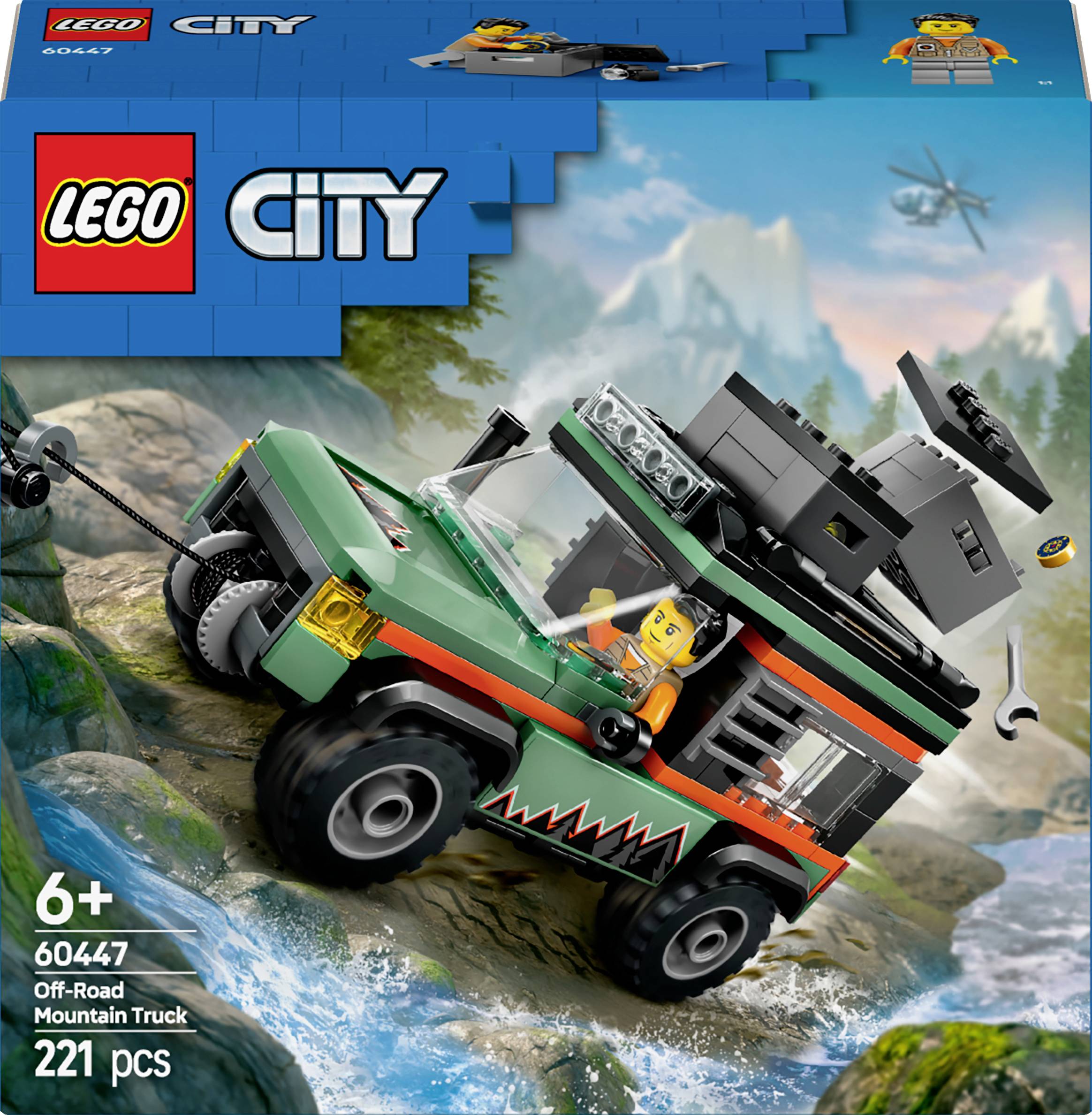 'LEGO City Off-Road Bergtruck' Set: Een groene truck rijdt over rotsachtig terrein. Bevat 221 onderdelen voor kinderen vanaf 6 jaar.