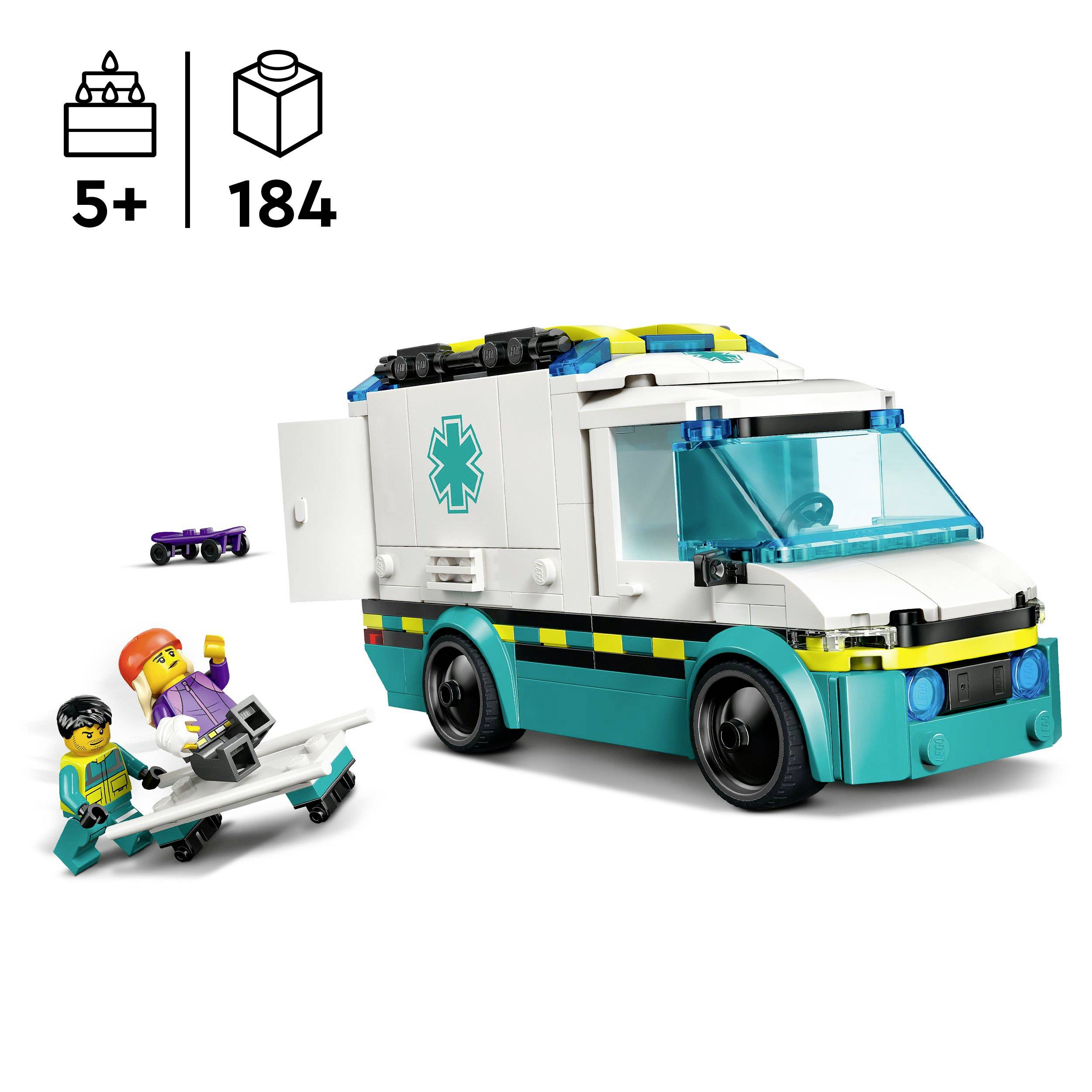 Een LEGO-ambulanceset met een ambulance, twee minifiguren, een brancard en toebehoren in 184 onderdelen, geschikt voor kinderen vanaf 5 jaar.