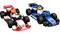 Twee LEGO-racewagens naast elkaar: links in rood-wit met 'Hin' opschrift, rechts in blauw-zwart met 'William' opschrift en LEGO-poppetje.