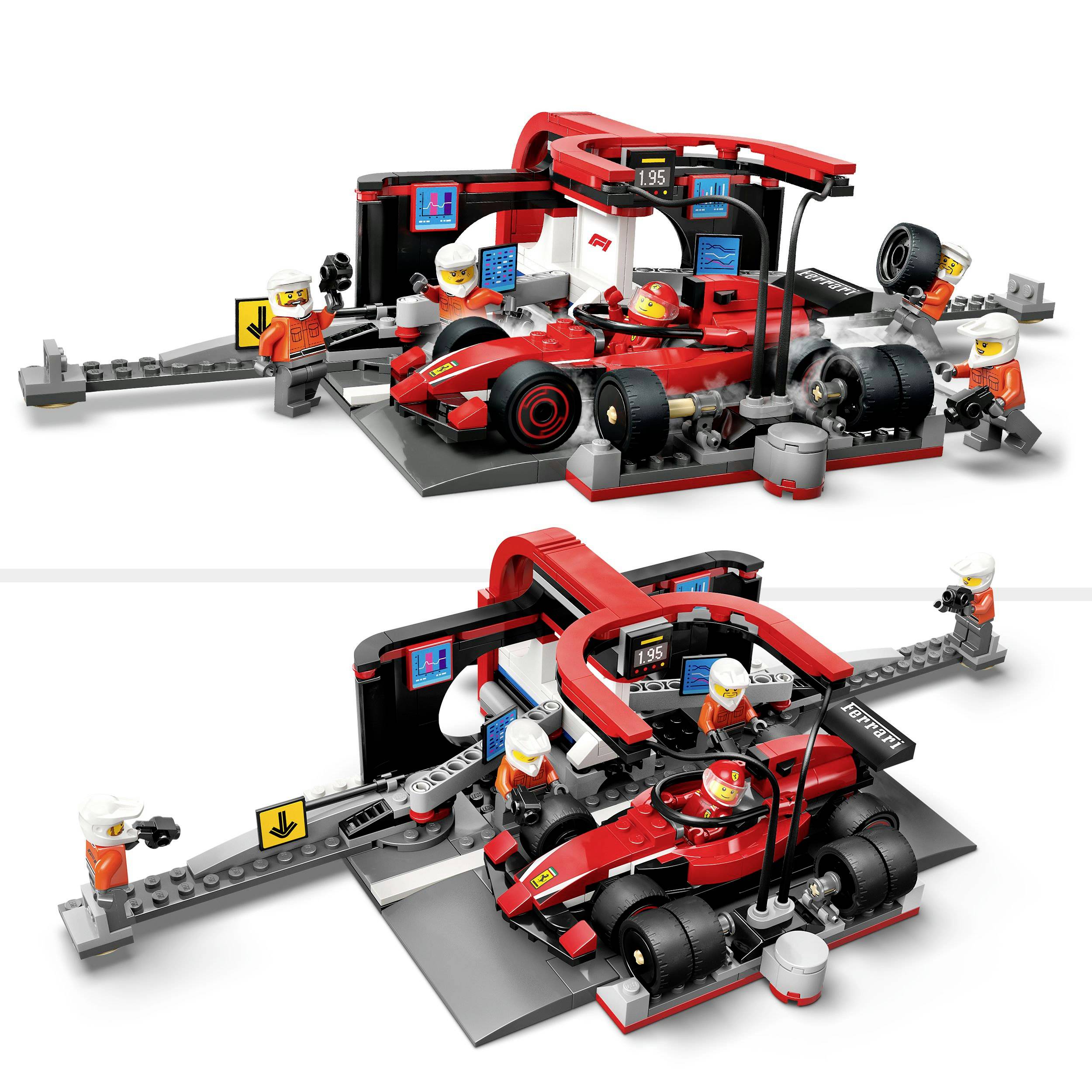LEGO-set van een Formule 1-pitstop met een rode racewagen, monteurs en uitrusting. Hier worden banden verwisseld en wordt het tanken gesimuleerd.