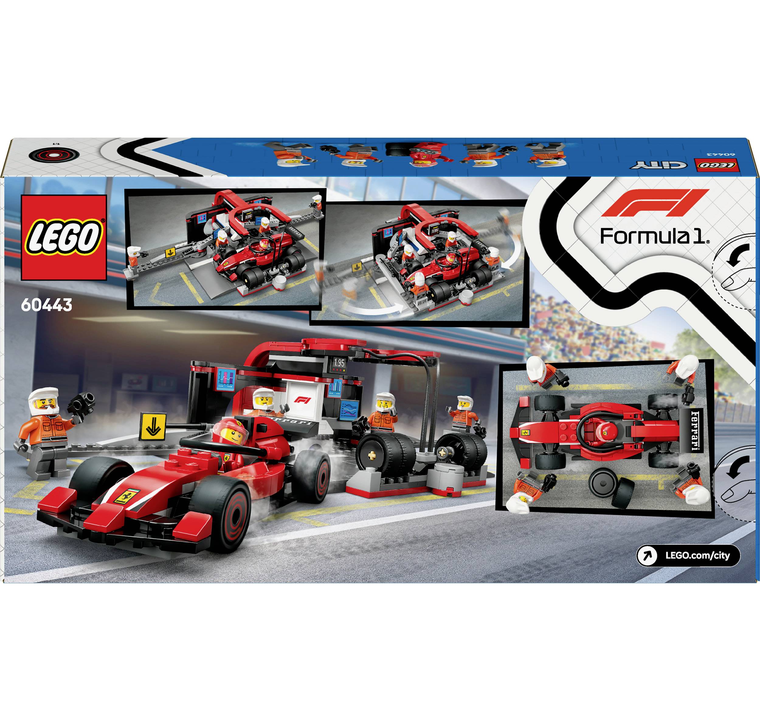 'LEGO City' Set 60443 over een Formule 1-autowerkplaats met een rode racewagen, doos toont een autoracepitstop-scène.