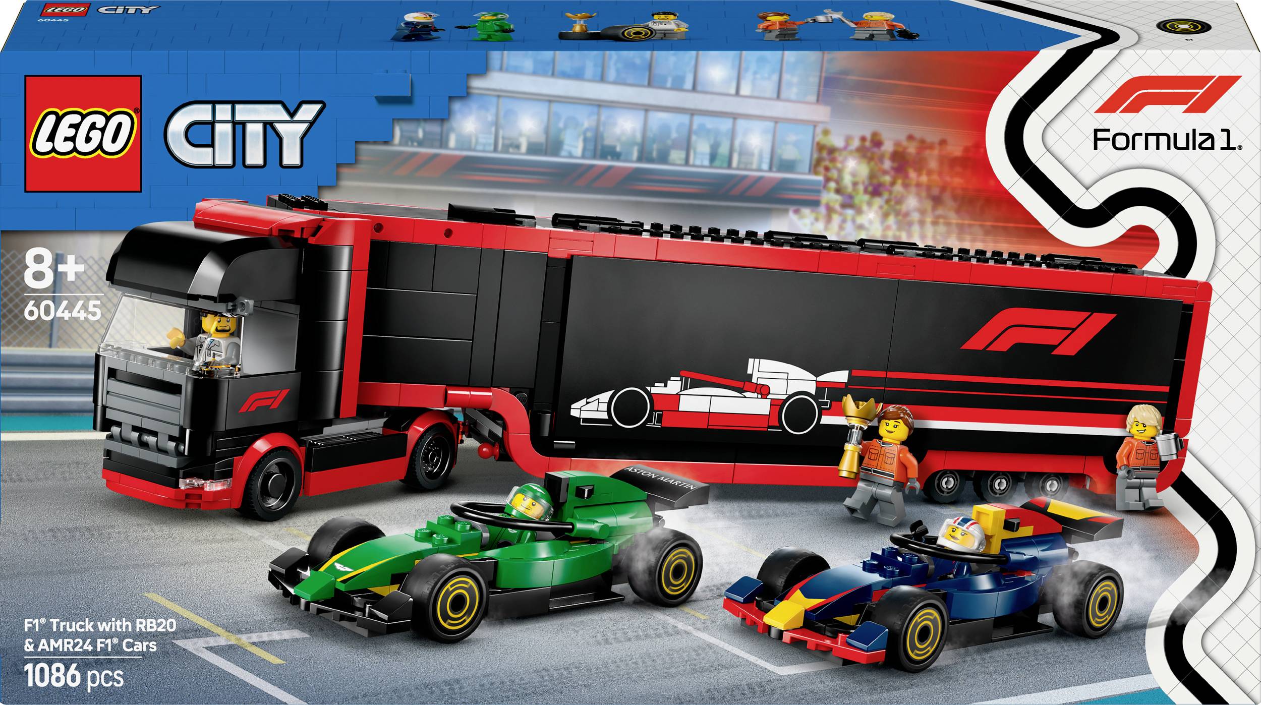 Lego City speelset met Formule 1-thema: Grote zwarte vrachtwagen met F1-logo, groen en blauw racewagen, 1086 onderdelen, geschikt voor kinderen vanaf 8 jaar.