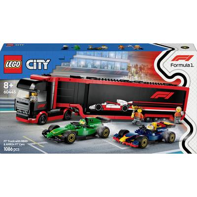 Lego City speelset met Formule 1-thema: Grote zwarte vrachtwagen met F1-logo, groen en blauw racewagen, 1086 onderdelen, geschikt voor kinderen vanaf 8 jaar.