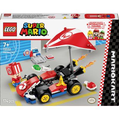 'LEGO Super Mario Set: Standaard Kart voor kinderen vanaf 7 jaar. Bevat een kart met rode paraplu en een Mario-figuur. 174 onderdelen.'