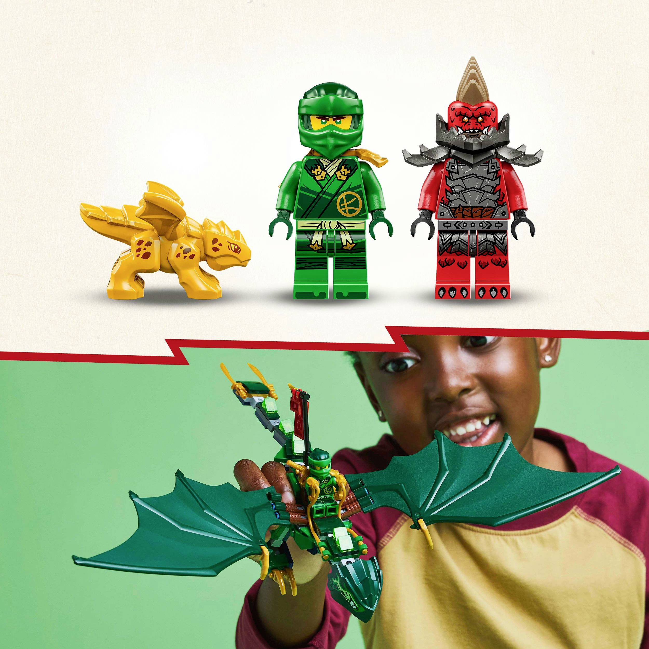 Drie Lego-poppetjes: een gele draak, een groene ninja en een rode krijger. Een kind houdt een Lego-drakenmodel in de hand.