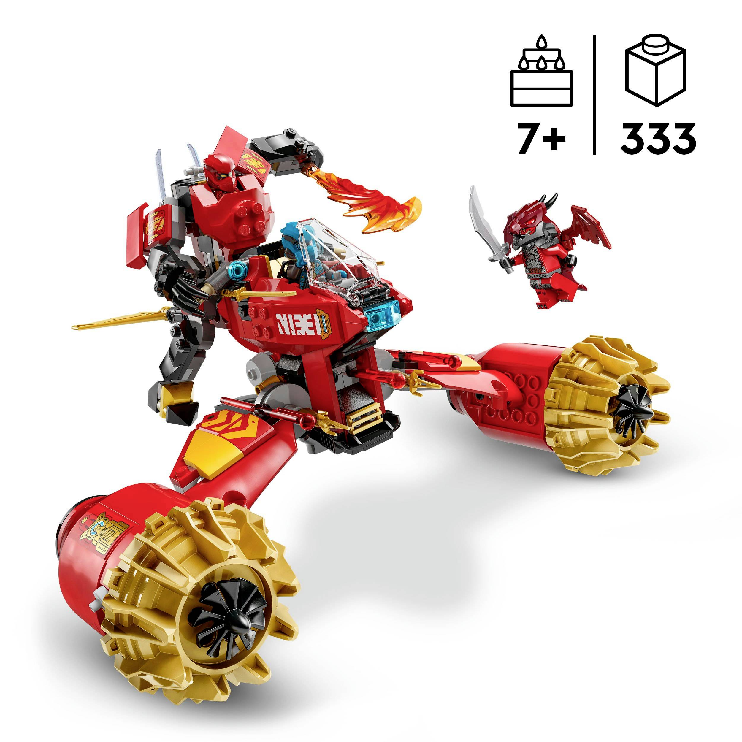 Een rood robotvoertuig en een minifiguur van bouwstenen. De set is aanbevolen voor kinderen vanaf 7 jaar en bevat 333 onderdelen.