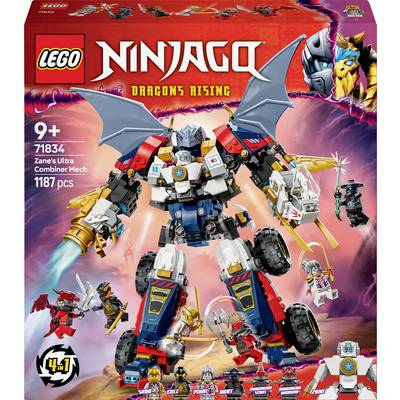 'LEGO Ninjago: Zane's Ultra Combiner Mech' voor kinderen vanaf 9 jaar, bevat 1187 onderdelen. Doos toont de gemonteerde mech en minifiguren.