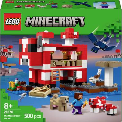 LEGO-Set 'Minecraft: Het Moeshroom Huis', 500 onderdelen. Bevat figuren en dieren, geïnspireerd op het paddenstoeleneiland uit het spel. Geschikt voor kinderen vanaf 8 jaar.