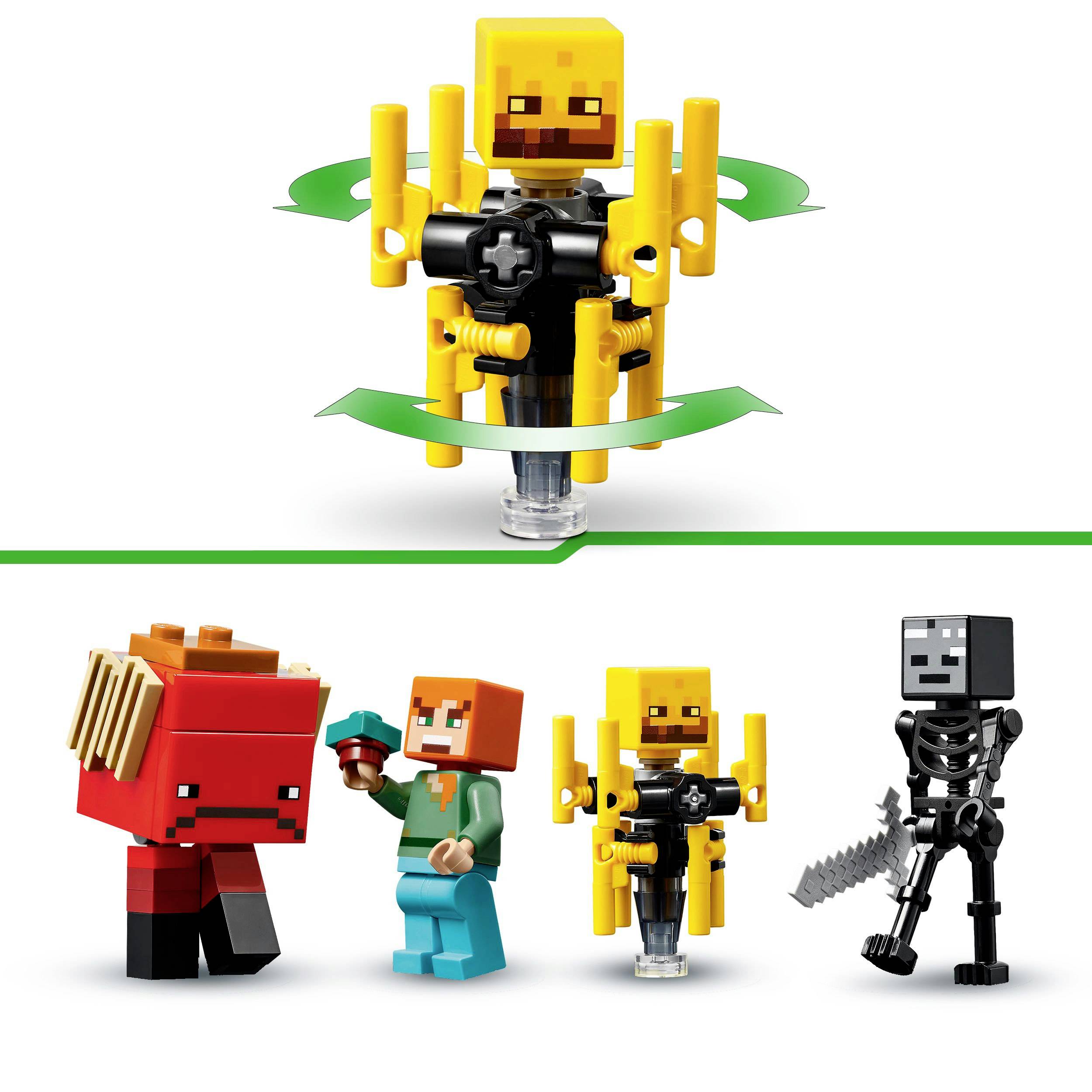 Een LEGO-scène toont vier Minecraft-figuren: Een meisje, een mob gebouwd uit rode blokken, een gele mob en een skelet met een zwaard.