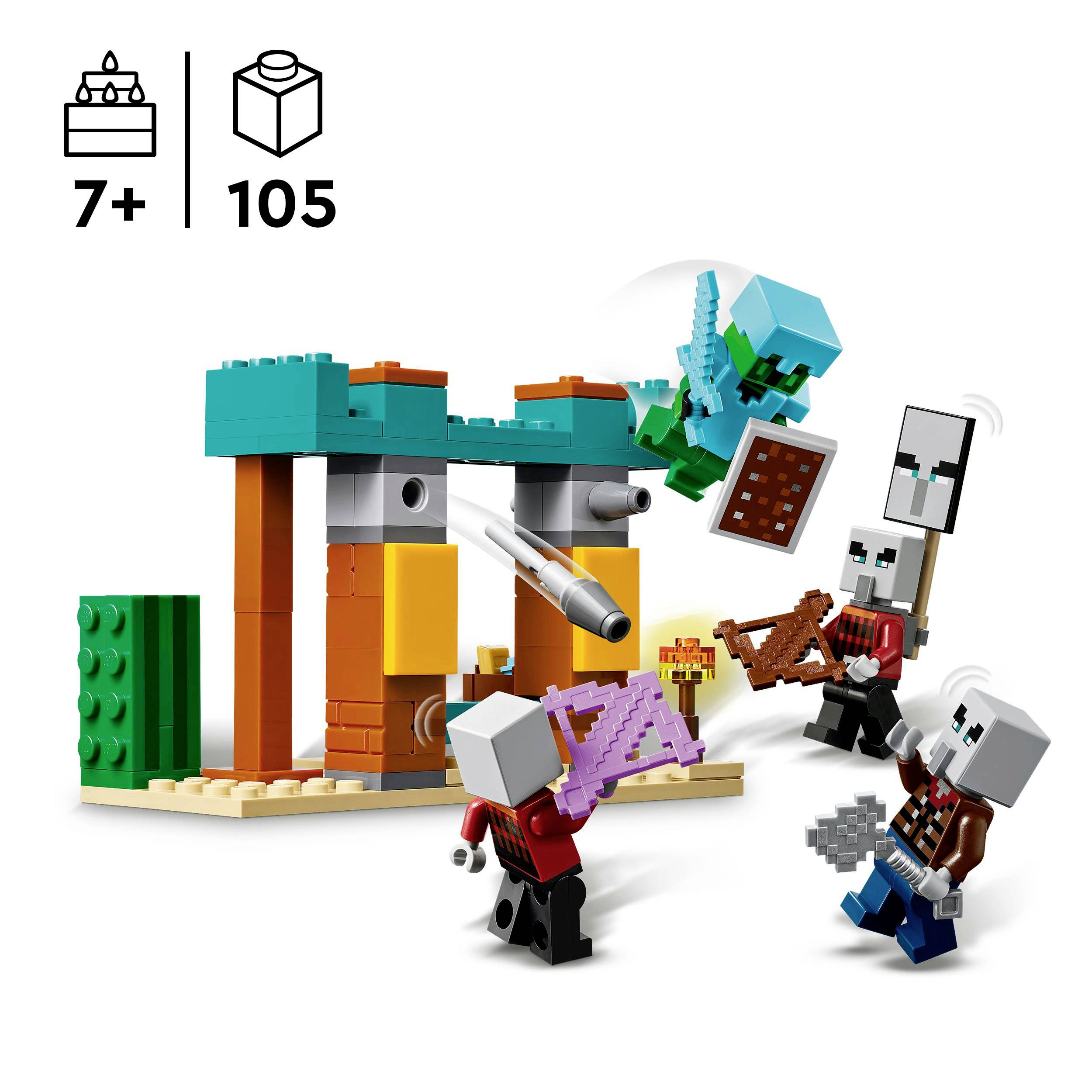 Blokkenset met vier figuren, een klein bouwwerk en accessoires. Geschikt voor kinderen vanaf 7 jaar, bevat 105 onderdelen.