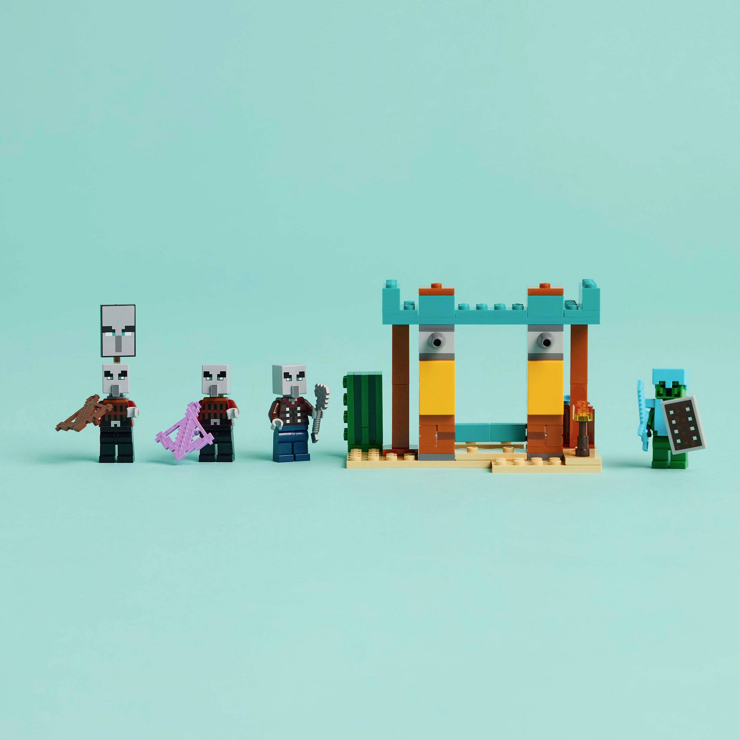 Kleurrijke Lego-poppetjes en een kleine constructie op een lichtblauwe achtergrond, met herkenbare typische Minecraft-inspiratiemotieven.