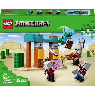 LEGO Minecraft Bouwset 'De Illager-Overval', 105 onderdelen, toont figuren in de Minecraft-wereld met Illagers, dorpelingen en een woestijngebouw. Geschikt voor kinderen vanaf 7 jaar.