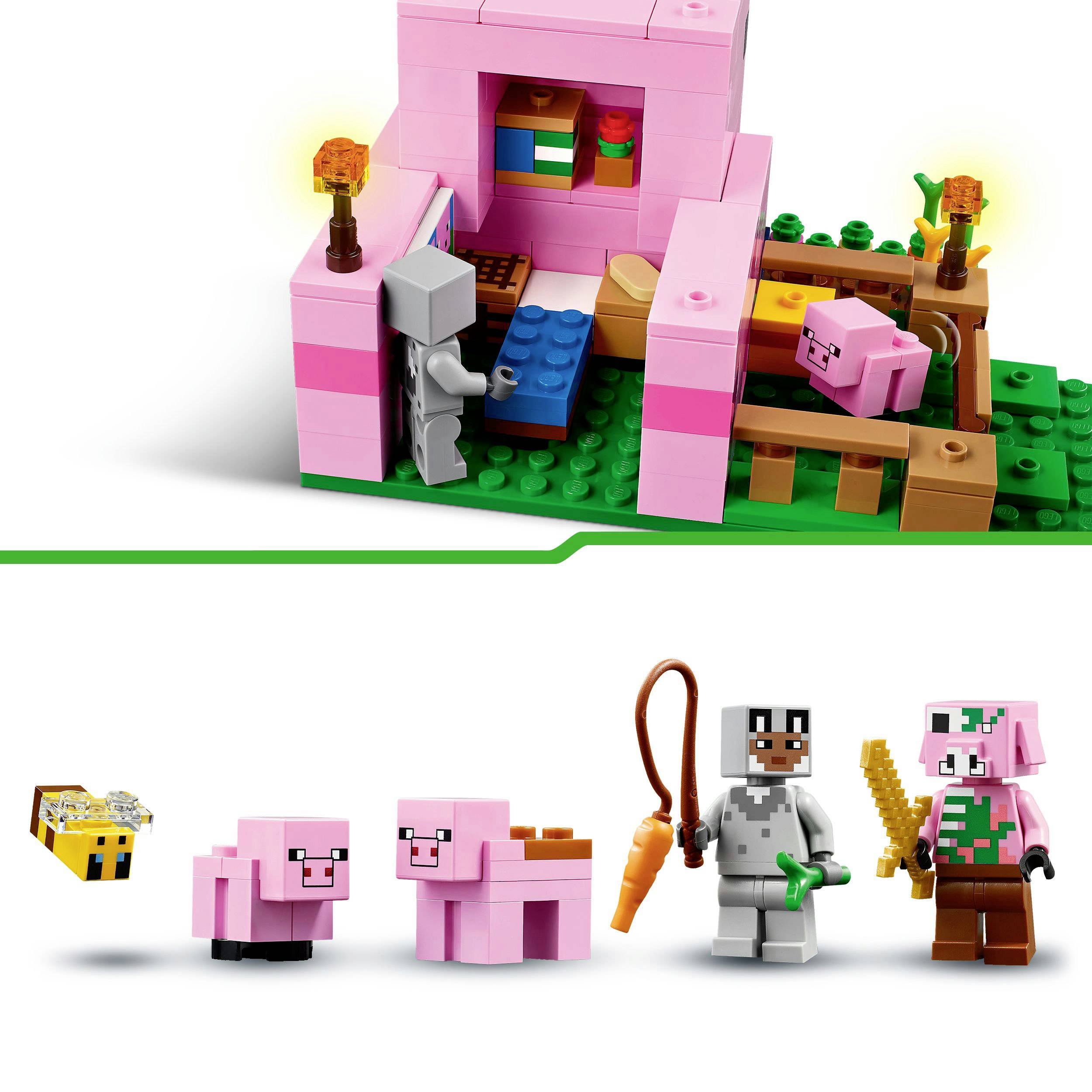 LEGO-set met figuren van een roze varkenshuis. Bevat een bij, twee varkens, figuren met wortels en een gouden schep.