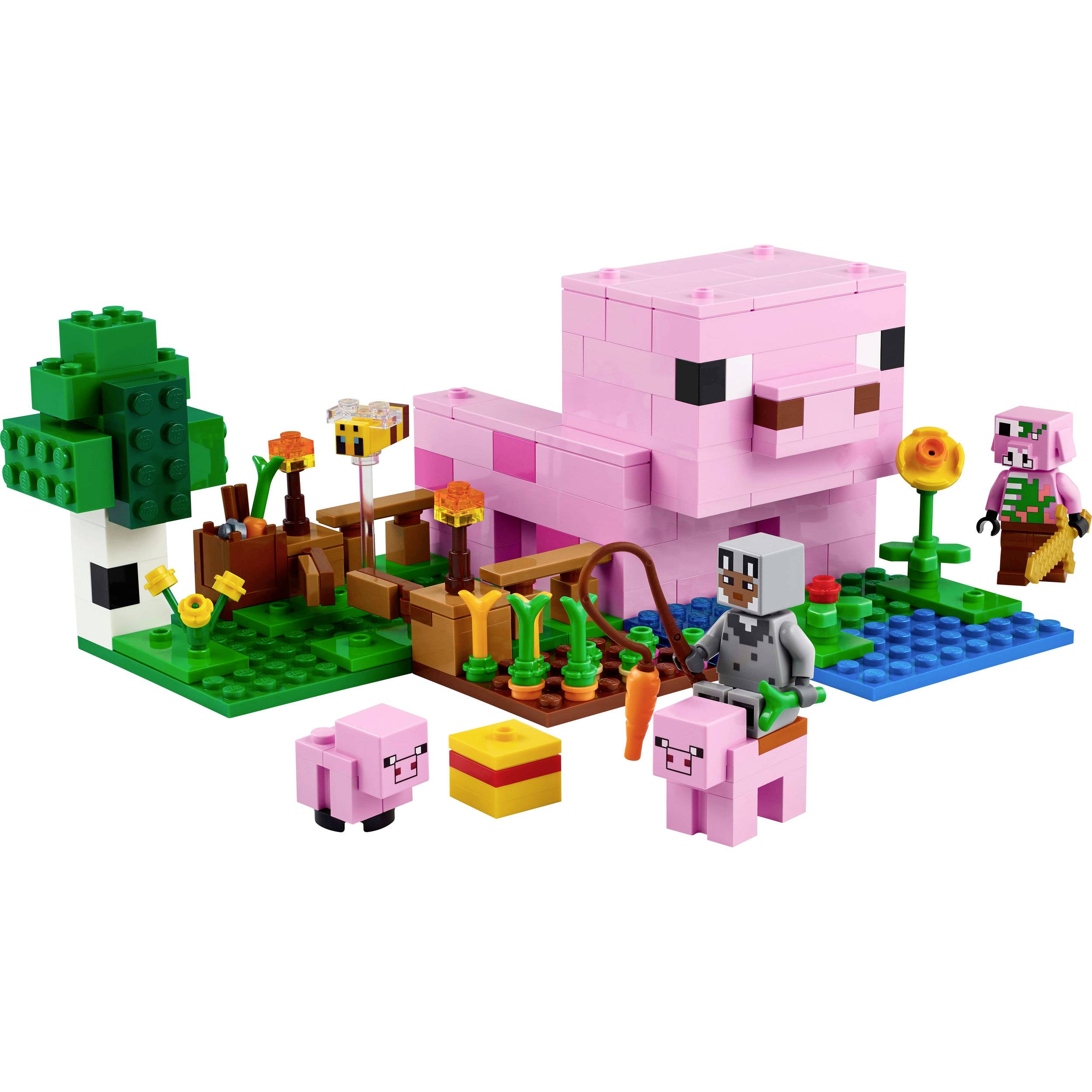 LEGO-bouwset met een roze varken, twee kleine varkens, bomen, planten en een figuur in een harnas. Set in een landelijke omgeving.