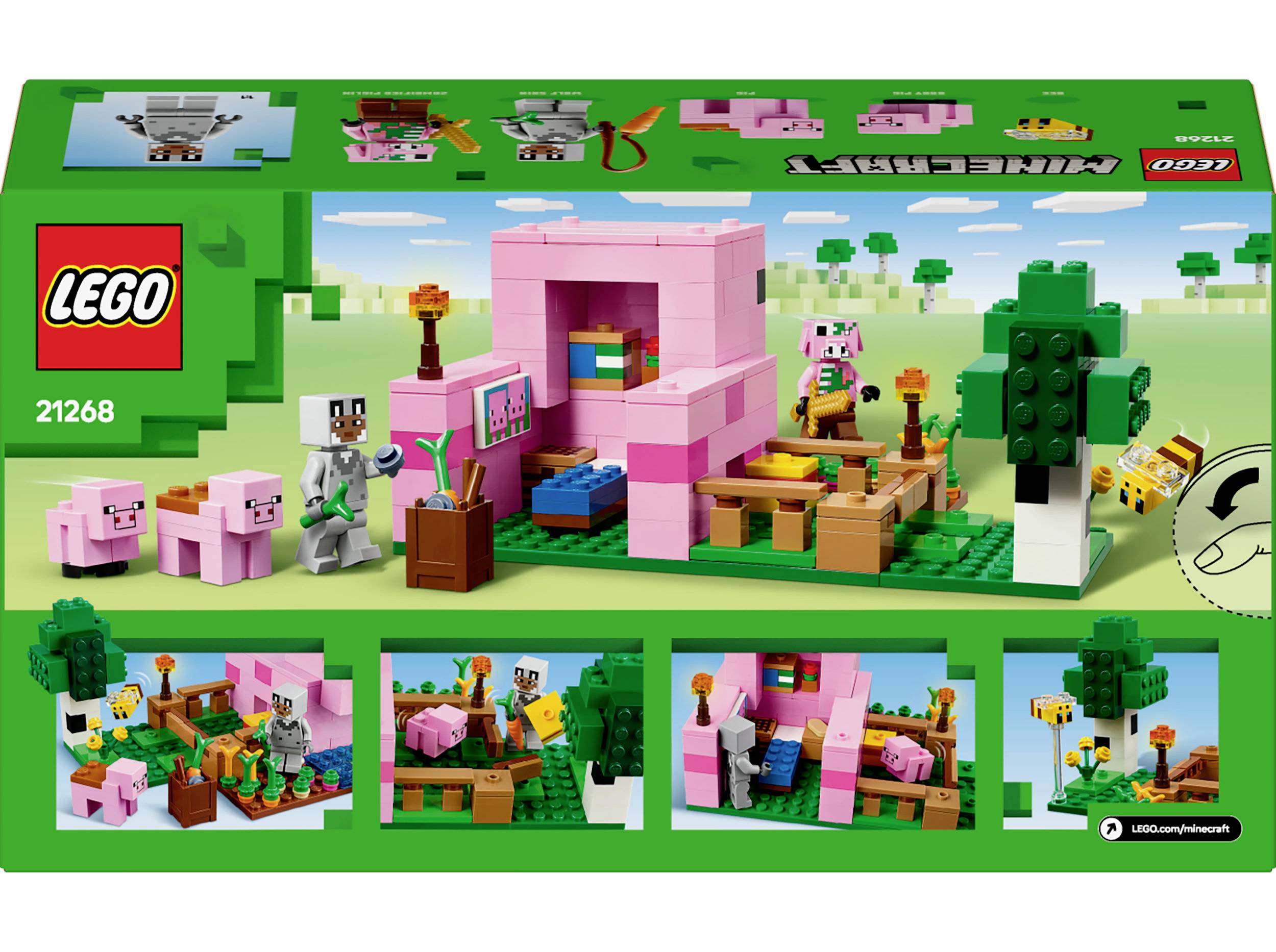 LEGO-Set 'Minecraft 21268': Bevat een roze varkensfiguur, een mijnwerkerfiguur en bouwblokken om een Minecraft-scène te creëren.
