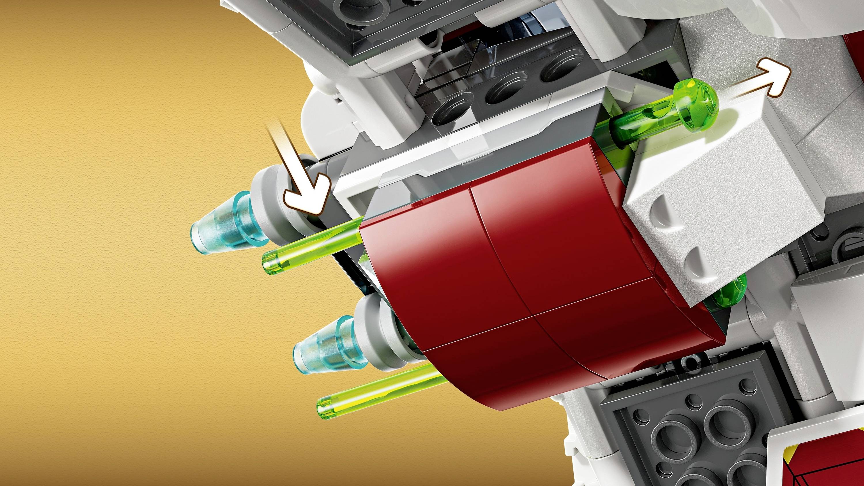 Close-up van een Lego-ruimteschip dat laat zien hoe twee groene bouten-cocktails worden geplaatst. Pijlen markeren de bewegingsrichting.