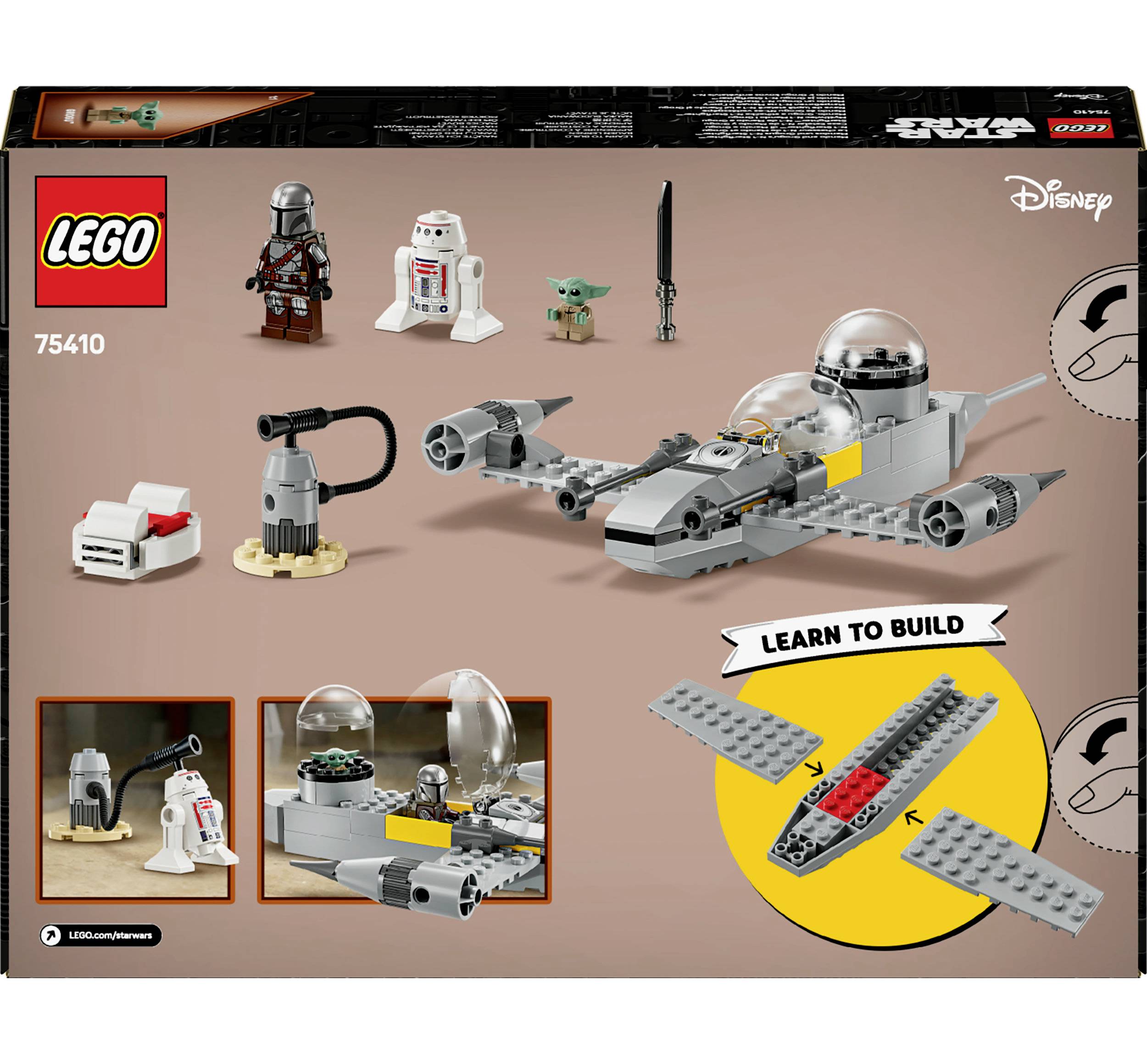 LEGO Star Wars set met ruimteschip en figuren. Handleiding toont bouwstappen. Handelsmerken van LEGO en Disney zichtbaar.