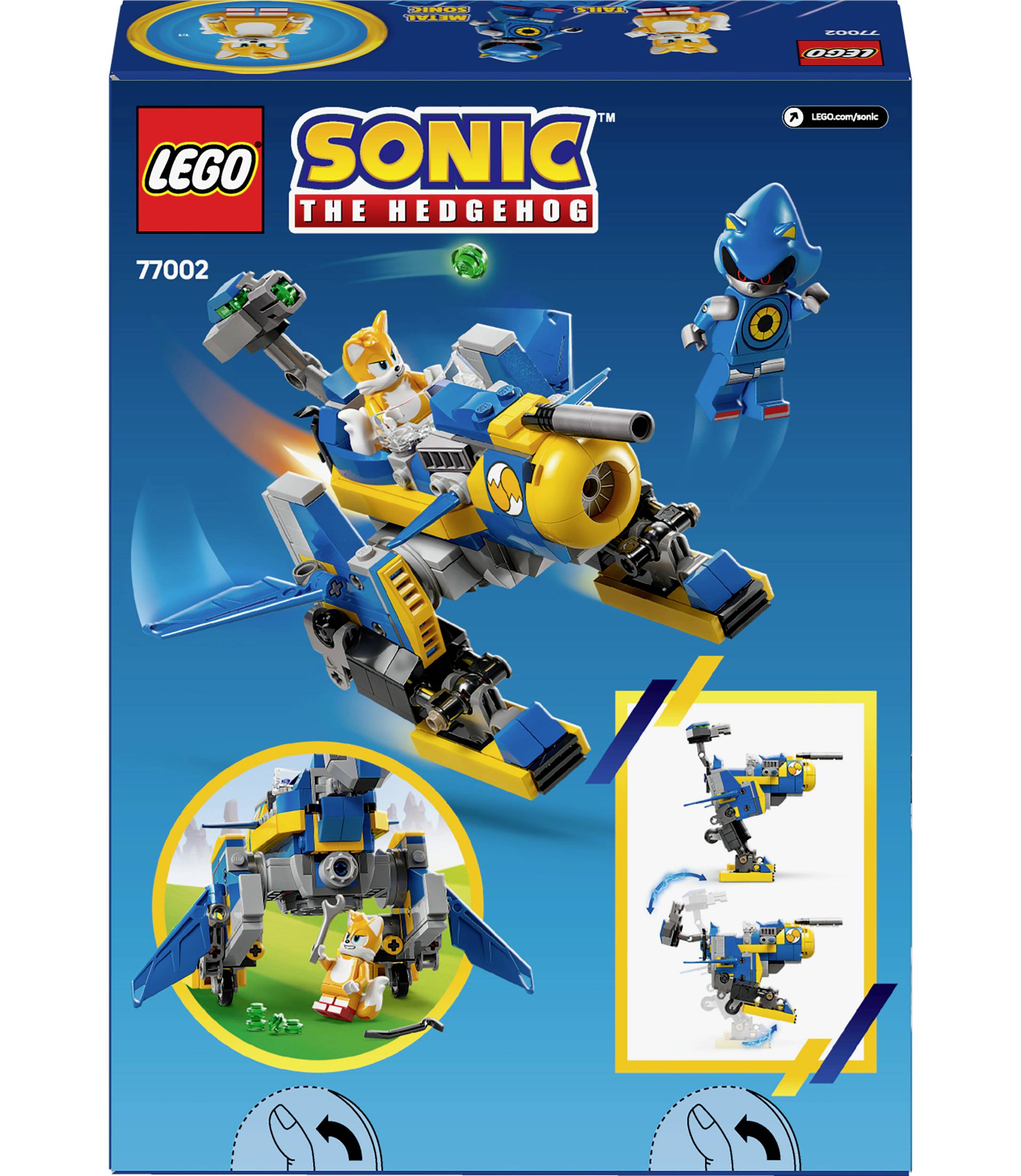 LEGO-set 'Sonic the Hedgehog' toont Sonic-figuur op een blauw hoverboard met terreinvoertuig en extra figuren.