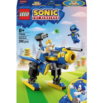 LEGO-set met Sonic-thema: 'Cyclone vs. Metal Sonic'. Bevat 290 onderdelen. Afgebeeld is een gele robot en twee figuurtjes in een landschap.