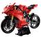 Een rood Lego-motormodel op een standaard met technische details.