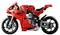 Rood Lego-motormodel met zichtbare mechanische details en een realistisch ontwerp.