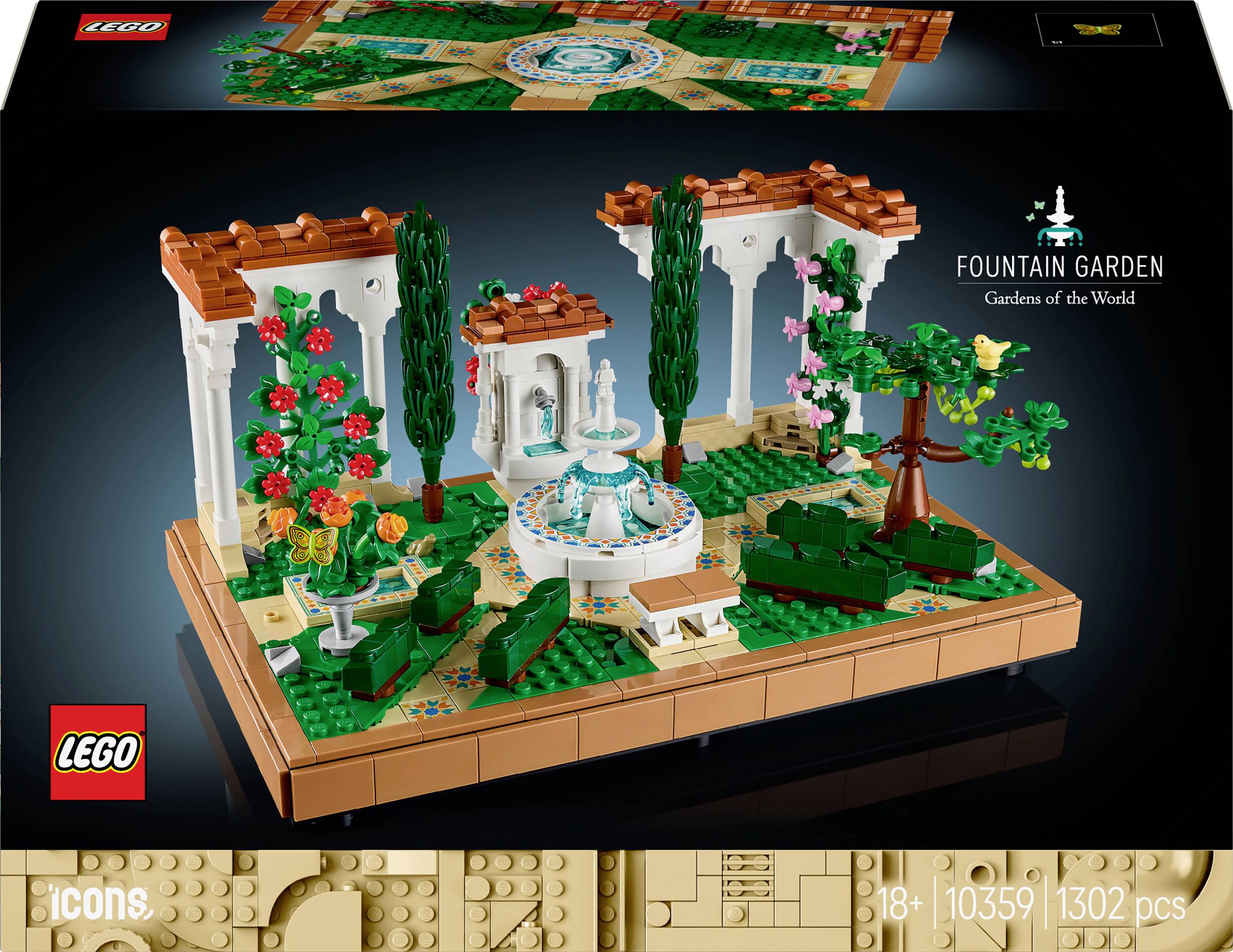 'LEGO-set: Fonteinentuin met fontein, bomen en planten. Vanaf 18 jaar, 1302 onderdelen. Model uit de Icons-reeks.'